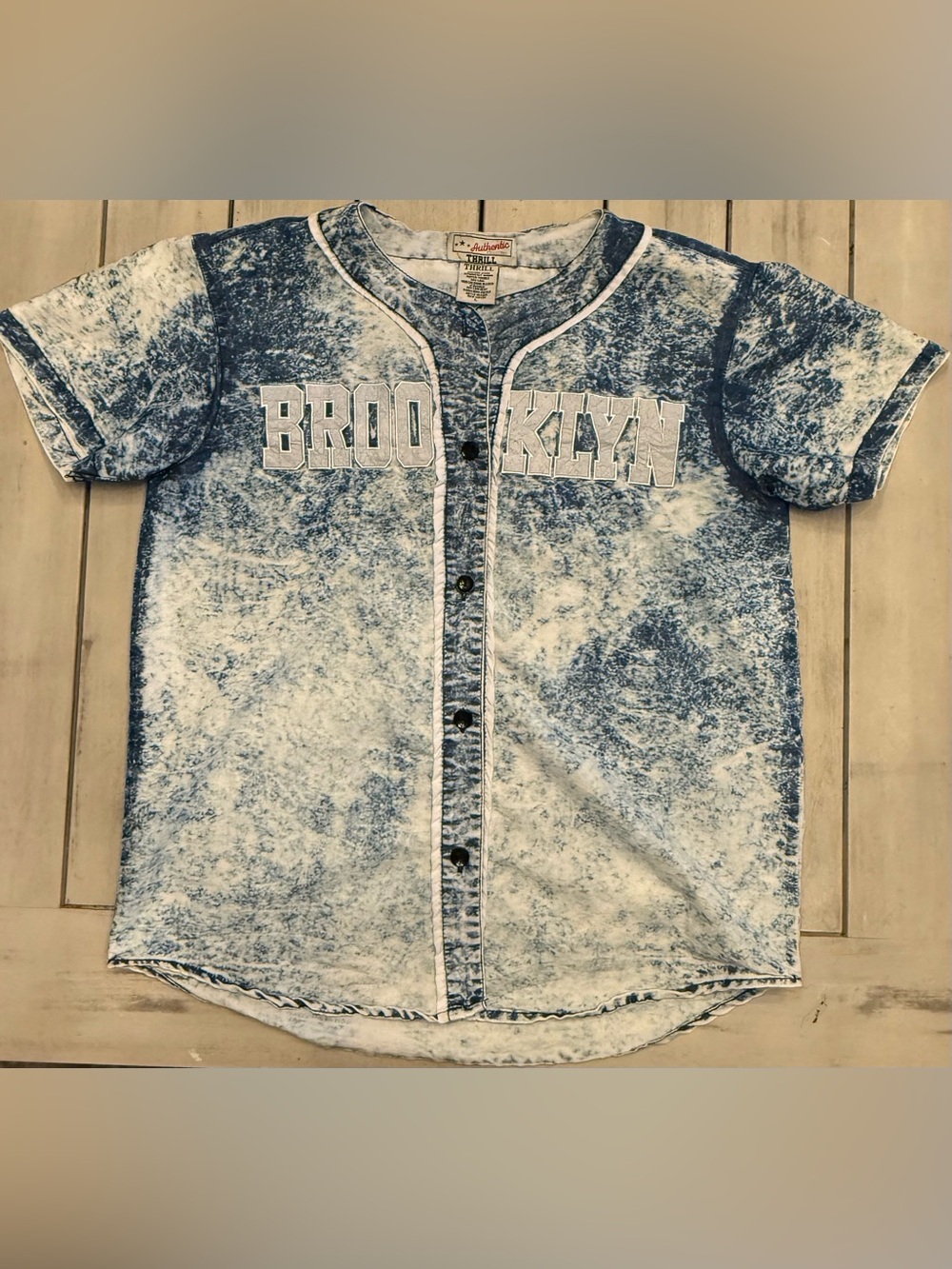 Thrill Brooklyn Acid Wash Baseball Jersey Blue Streetwear Y2K Retro Urban L
